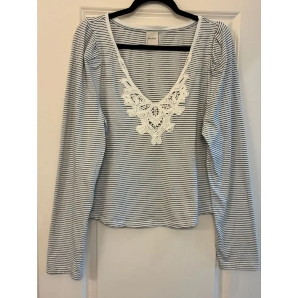 ANTHROPOLOGIE MAEVE Lace Detail Puff-Shoulder Long-Sleeve Knit Top Blue Stripe